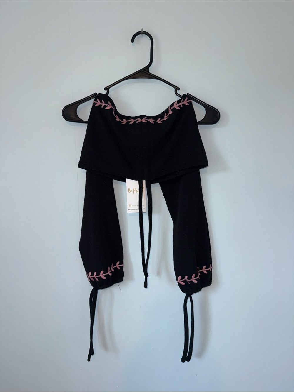 Black Off-Shoulder Crop Top with Pink Leaf Embroidery